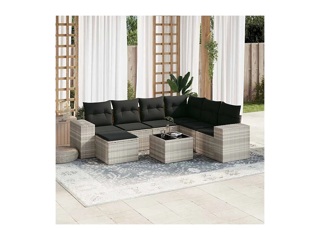 Salon de jardin 8 pièces avec coussins gris clair résine tressée