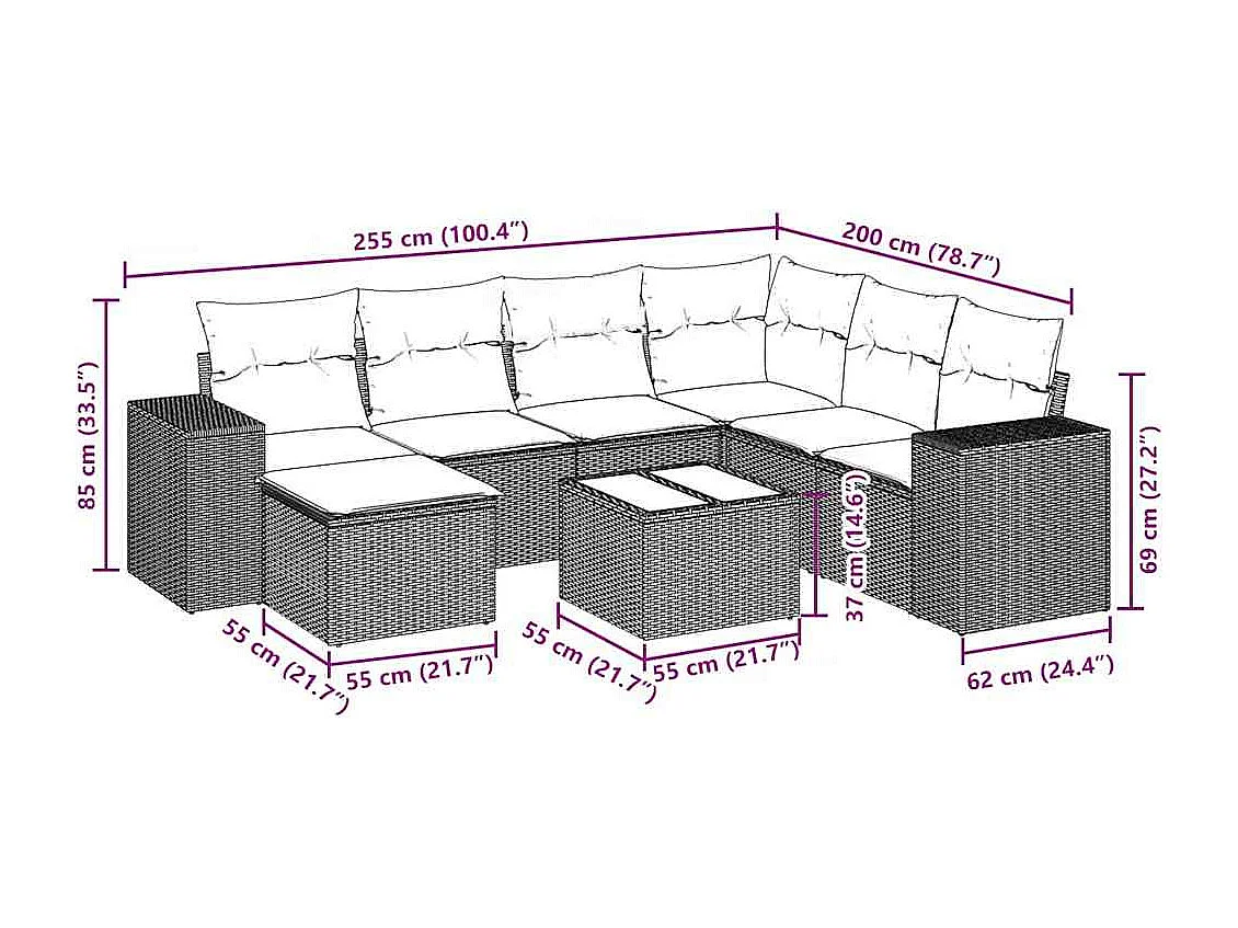 Salon de jardin 8 pièces avec coussins gris clair résine tressée