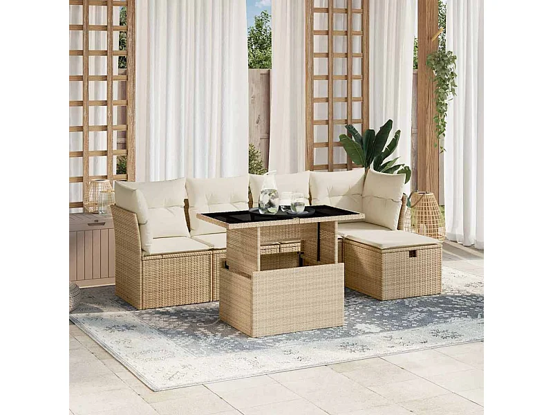 6-delige Loungeset met kussens poly rattan beige