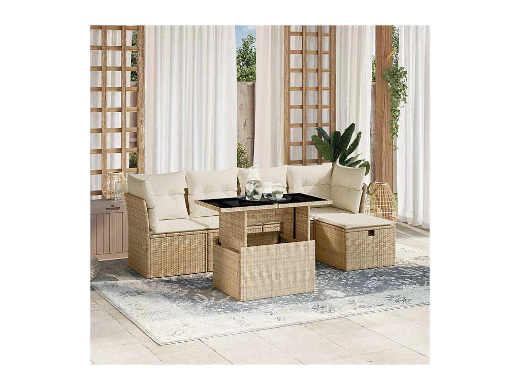 6-delige Loungeset met kussens poly rattan beige