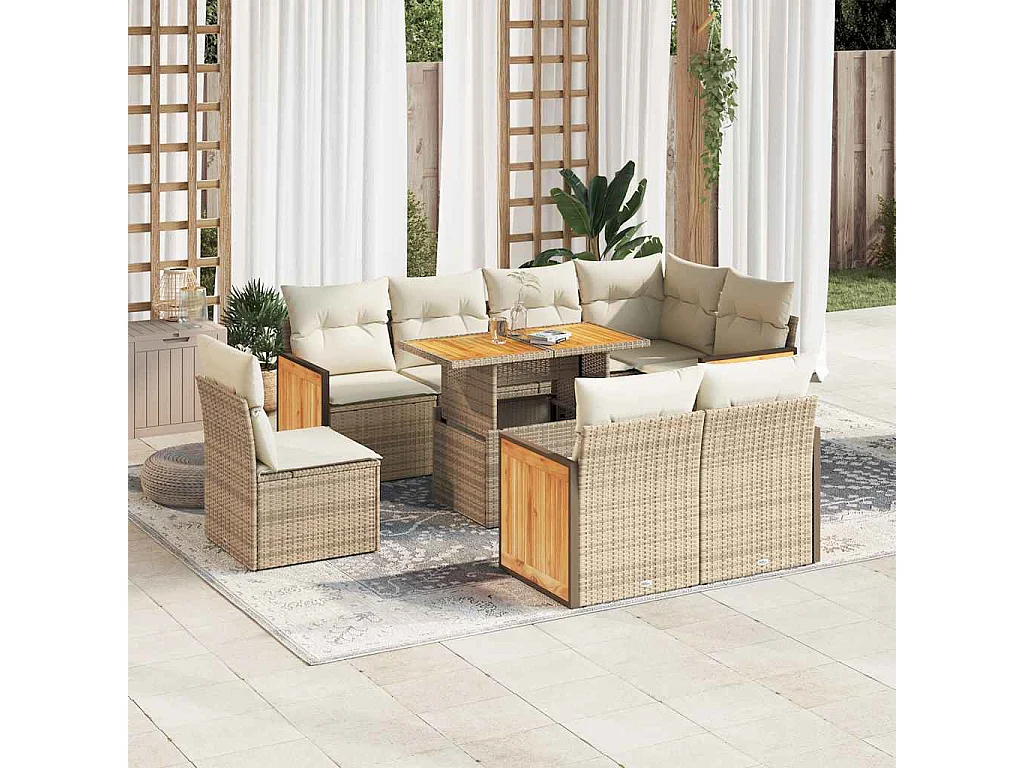 Salon de jardin avec coussins 9 pièces beige résine tressée acacia