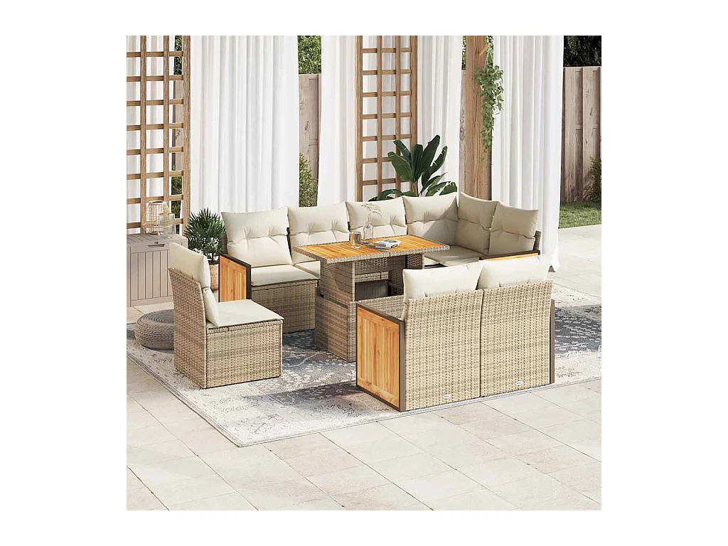 9-delige Loungeset met kussens poly rattan acacia beige