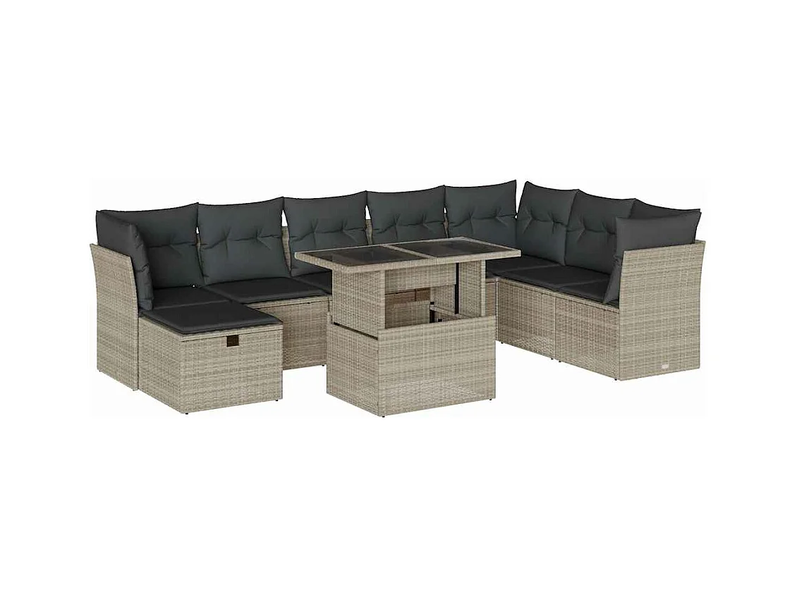 9-delige Loungeset met kussens poly rattan lichtgrijs