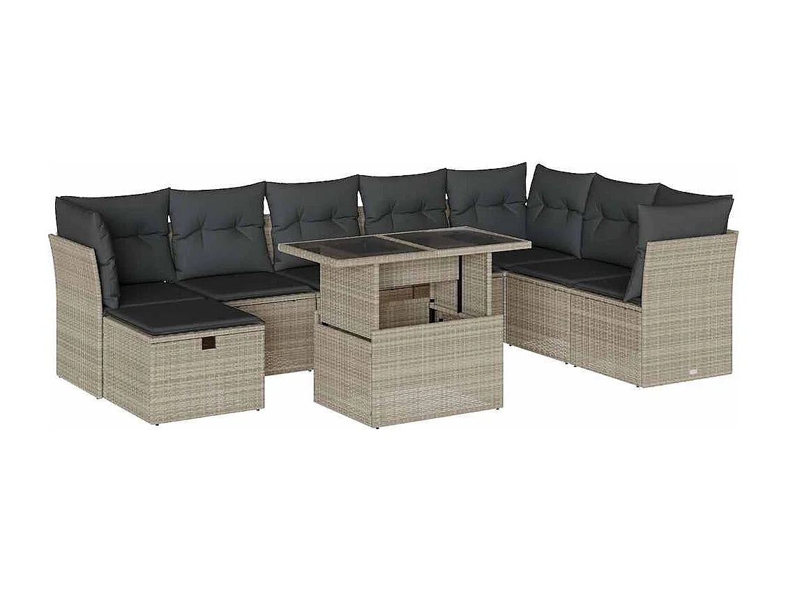 Salon de jardin 9 pièces avec coussins gris clair résine tressée
