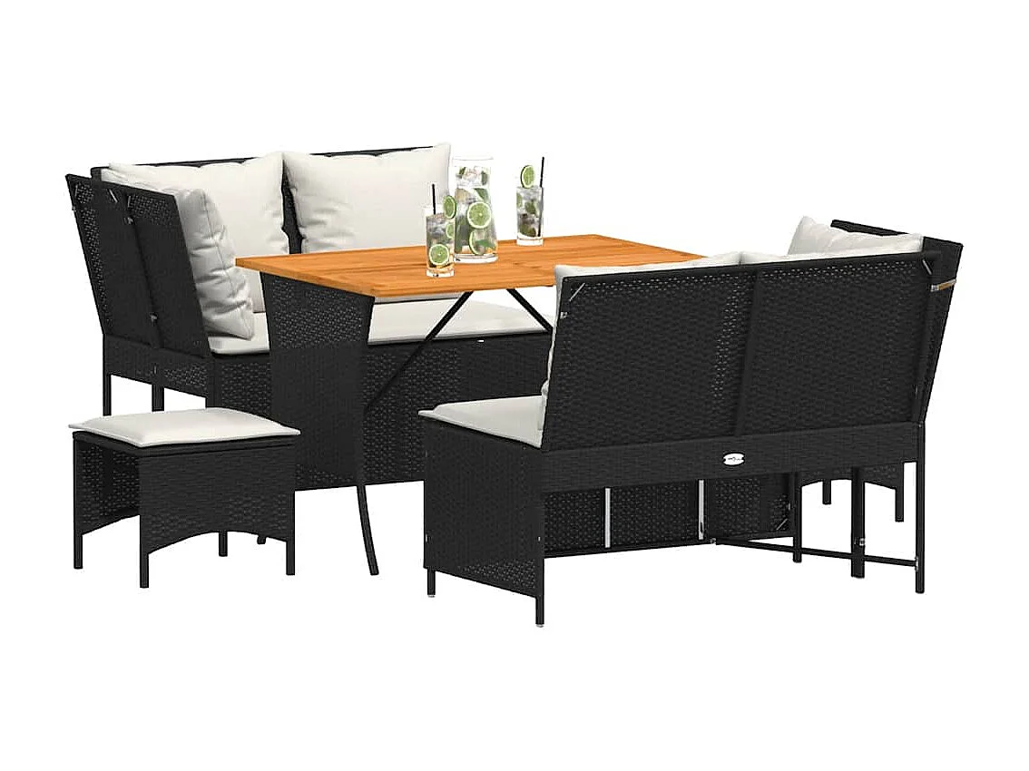 5 peças conjunto sofás de jardim com almofadões vime PE preto