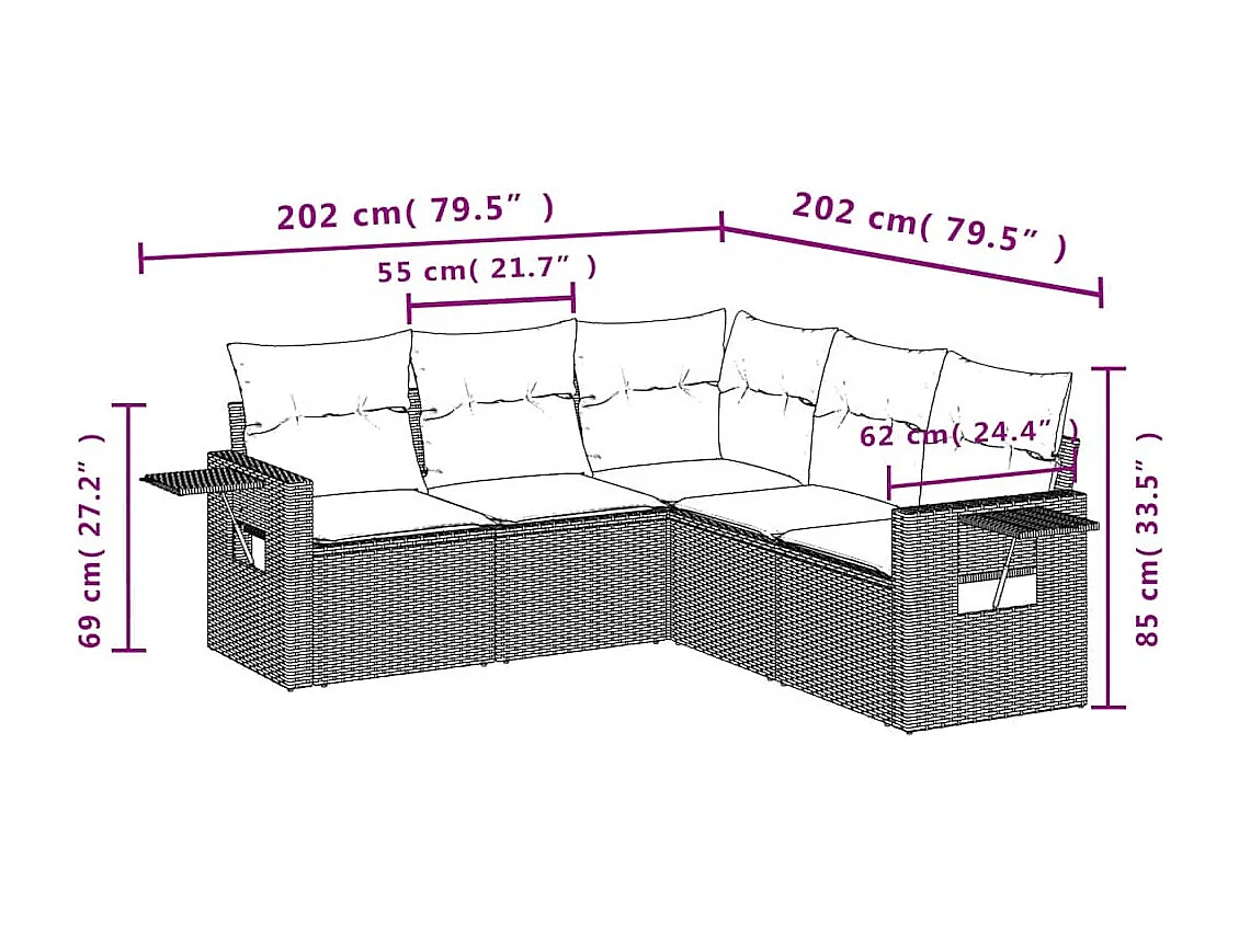 Salon de jardin 5 pièces avec coussins gris clair résine tressée