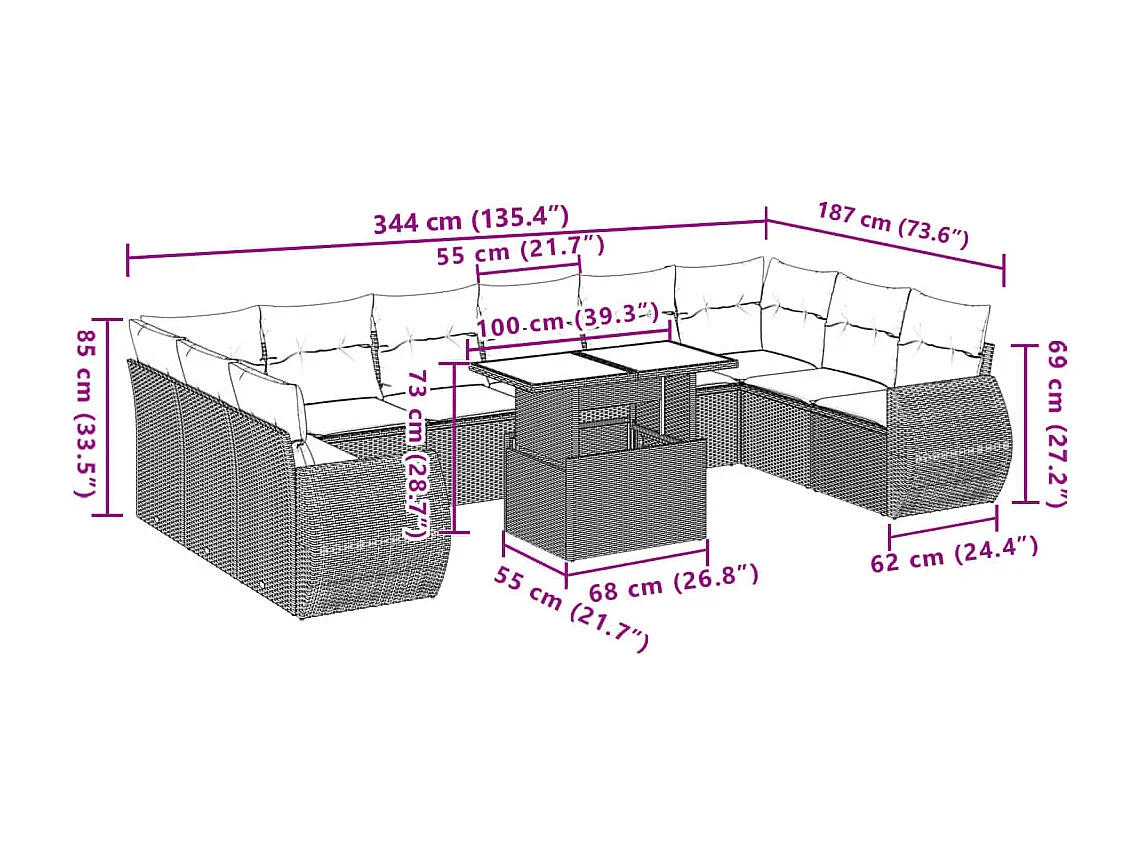11-delige Loungeset met kussens poly rattan bruin