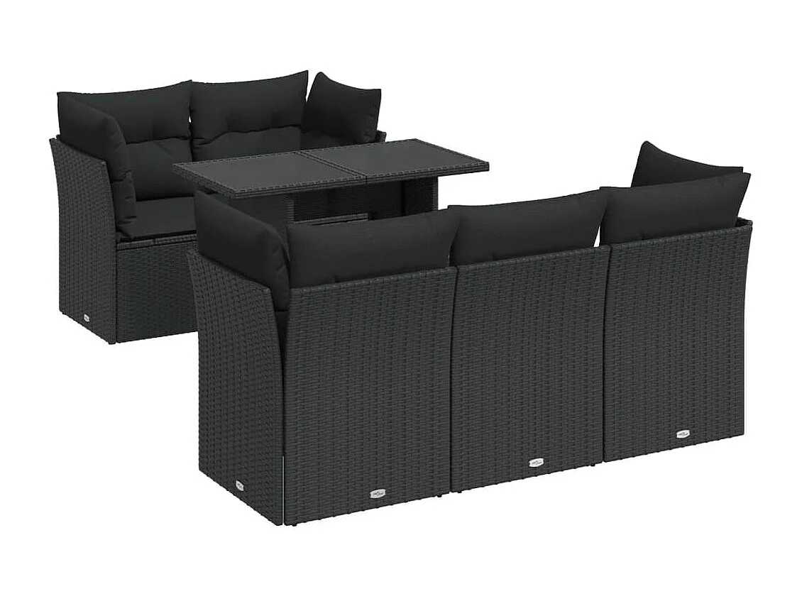 6 peças conjunto sofás de jardim com almofadões vime PE preto