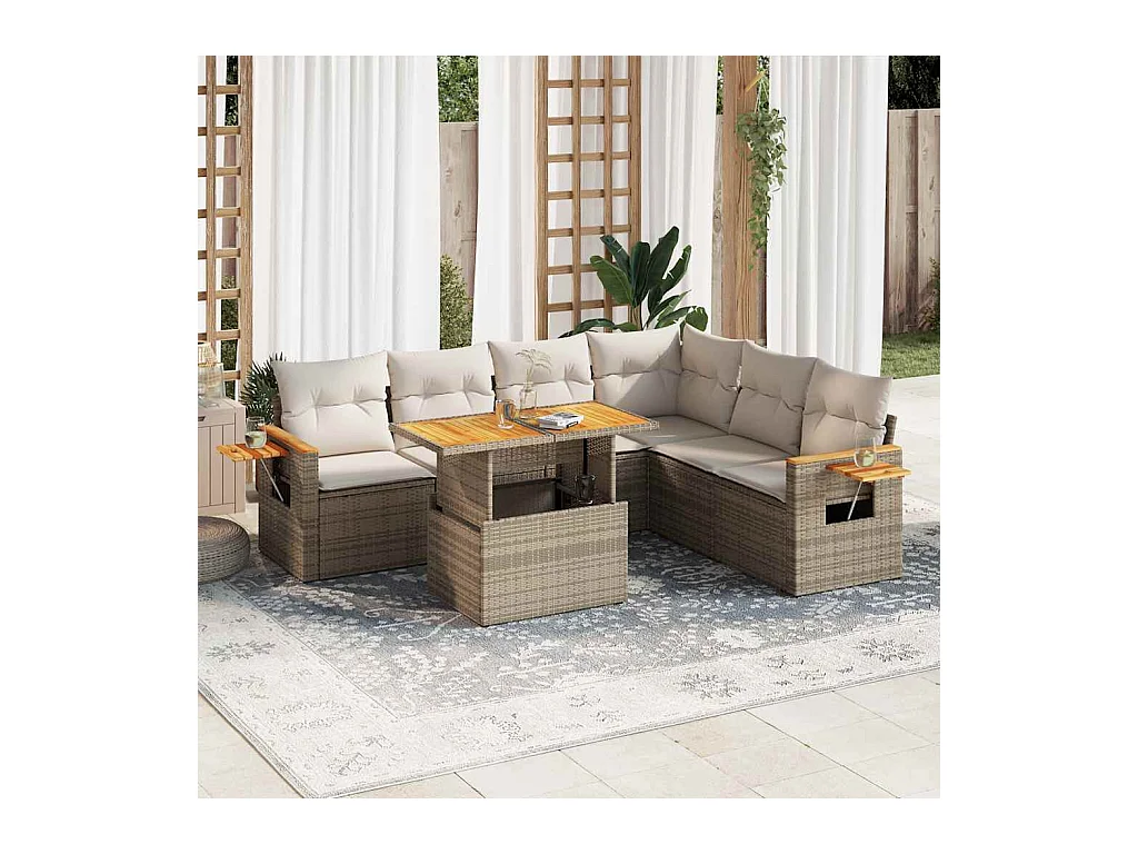 Salon de jardin 6 pièces avec coussins beige résine tressée acacia