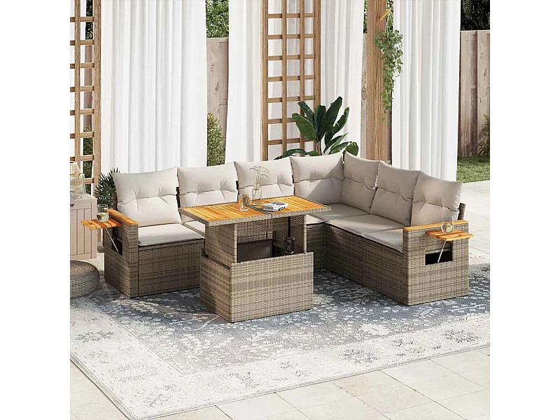 6 peças conjunto sofás jardim com almofadões vime PE/acácia bege