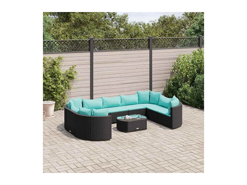 Salon de jardin 10 pièces avec coussins noir résine tressée