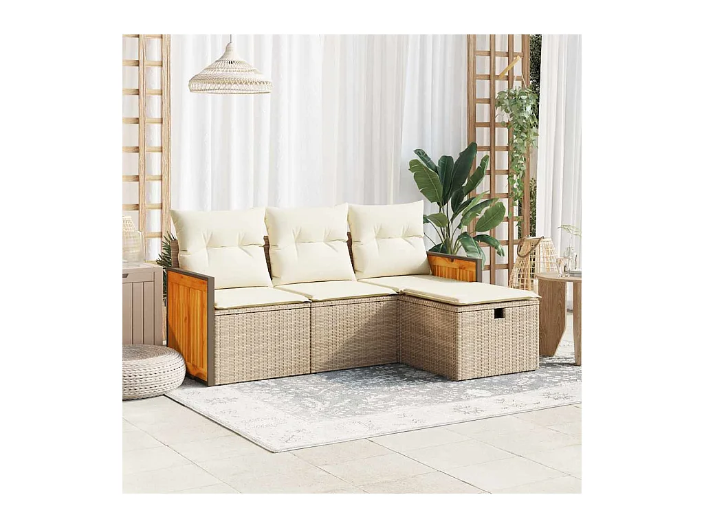 Salon de jardin avec coussins 4 pièces beige résine tressée
