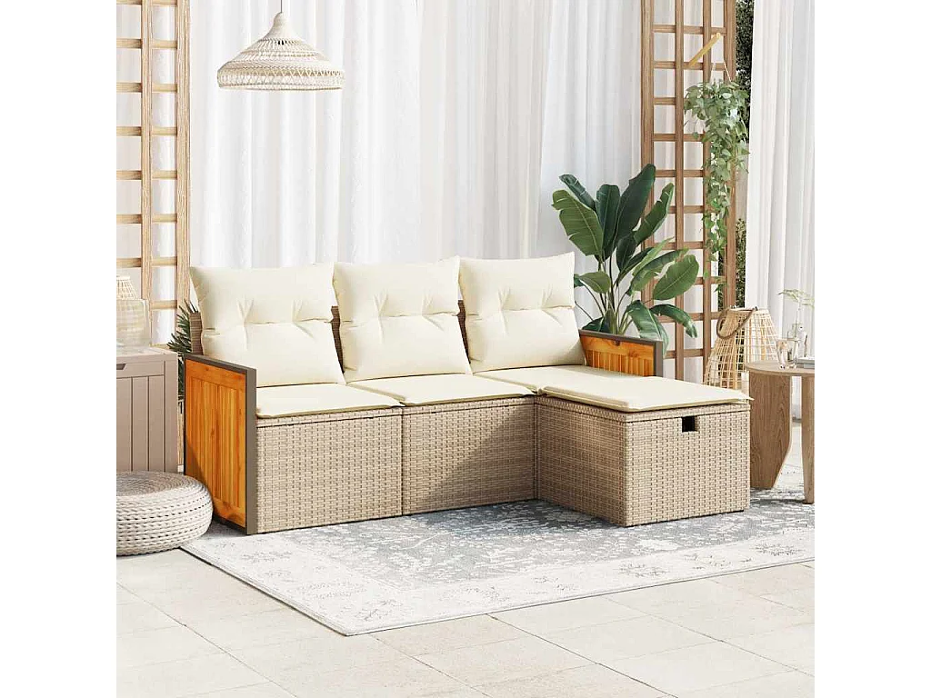 Salon de jardin avec coussins 4 pièces beige résine tressée