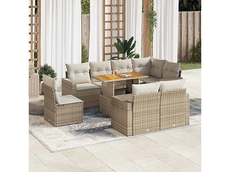 Set de sofás de jardín con cojines 9 piezas ratán sintético beige