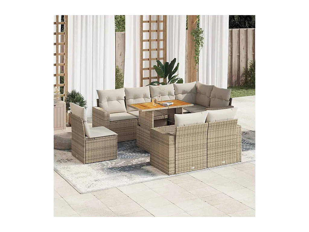 Salon de jardin avec coussins 9 pièces beige résine tressée