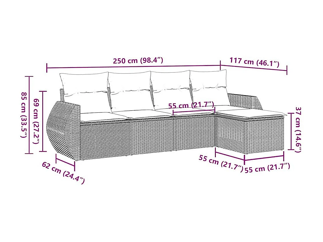 Set de sofás jardín y cojines 5 piezas ratán sintético gris claro
