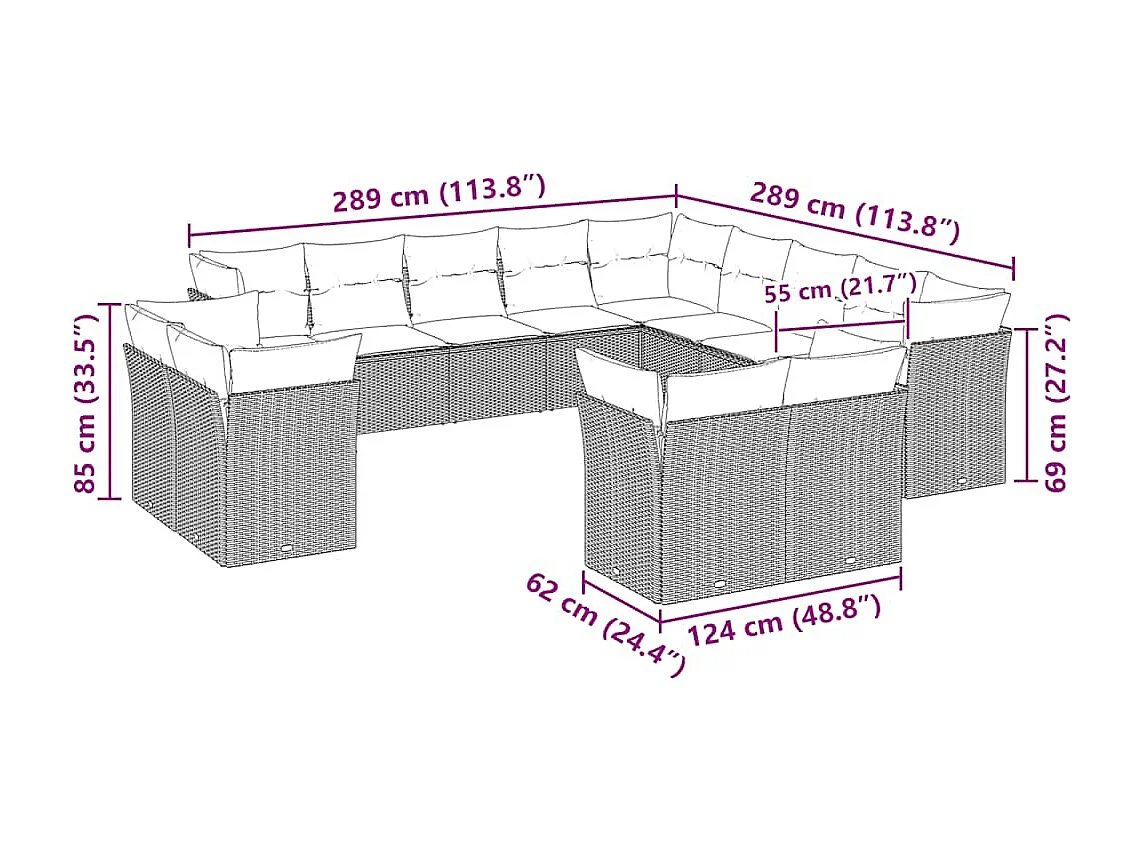 Set sofás de jardín con cojines 13 piezas ratán sintético gris