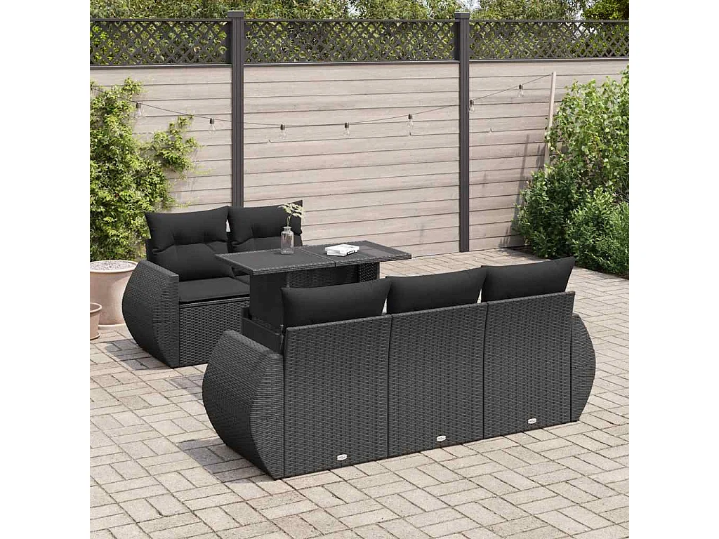 Set de sofás de jardín 6 piezas y cojines ratán sintético negro