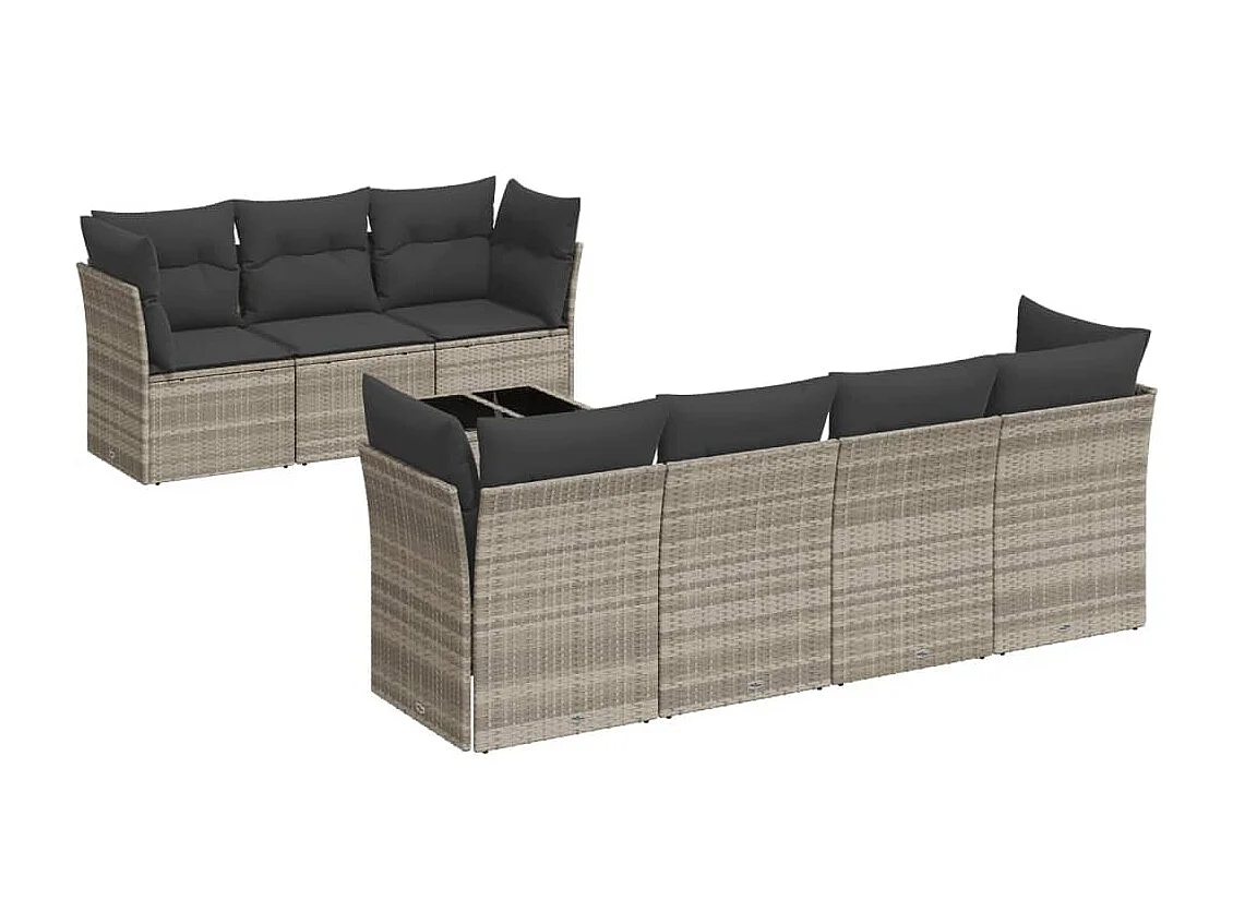 Set de sofás de jardín 8 piezas y cojines ratán sintético gris