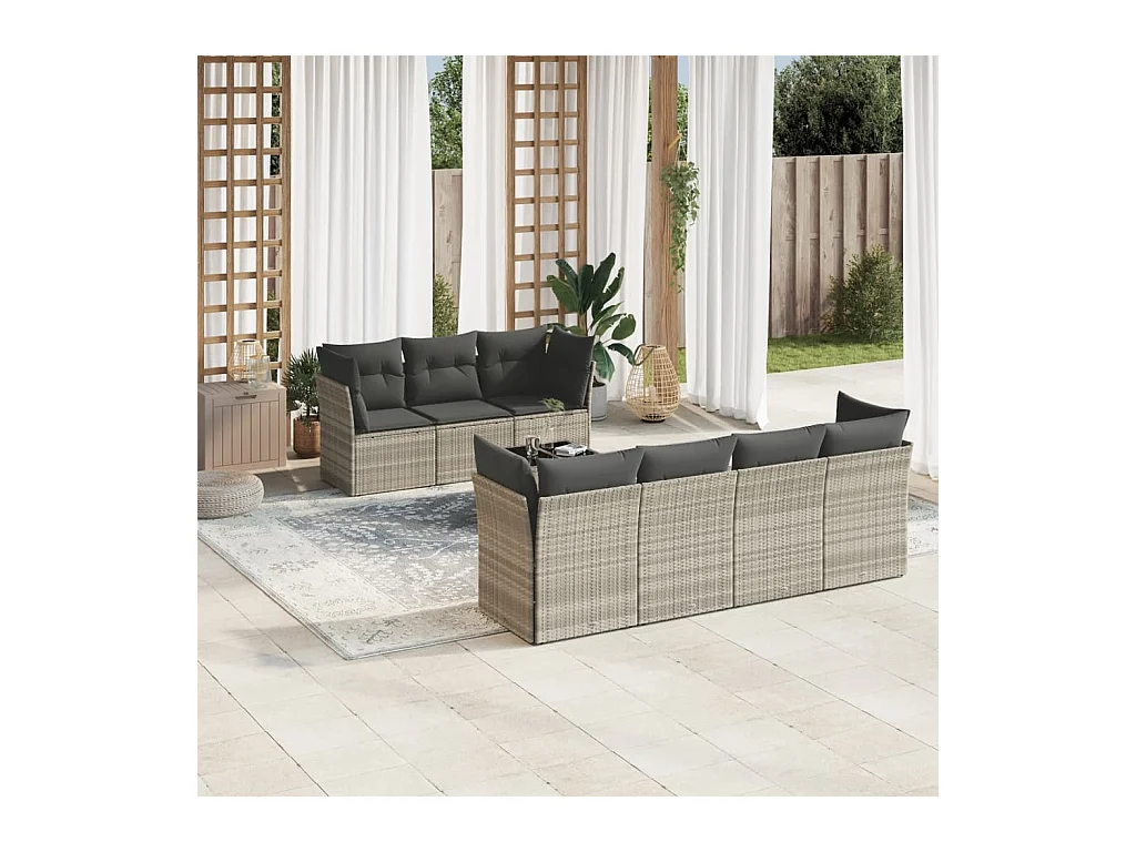 Set de sofás de jardín 8 piezas y cojines ratán sintético gris