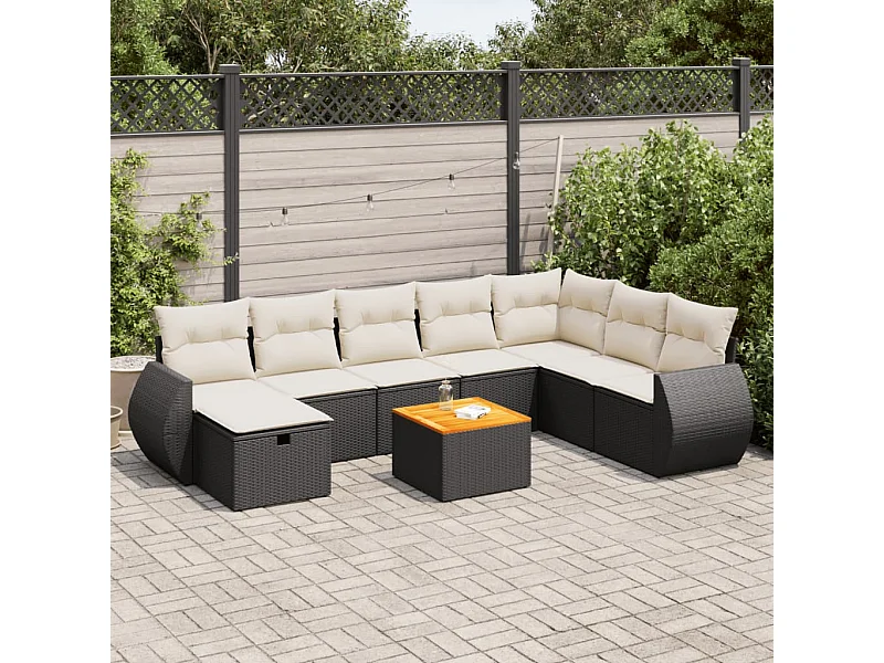 9 peças conjunto de sofás para jardim com almofadões vime PE preto