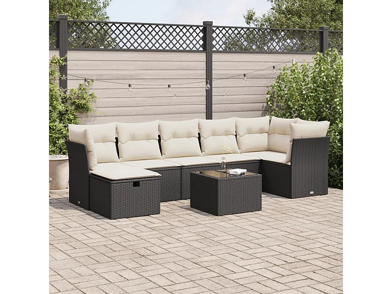 8-delige Loungeset met kussens poly rattan zwart