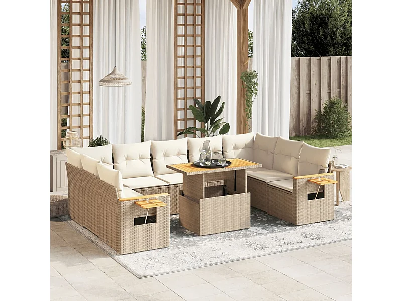 Salon de jardin avec coussins 10 pièces beige résine tressée