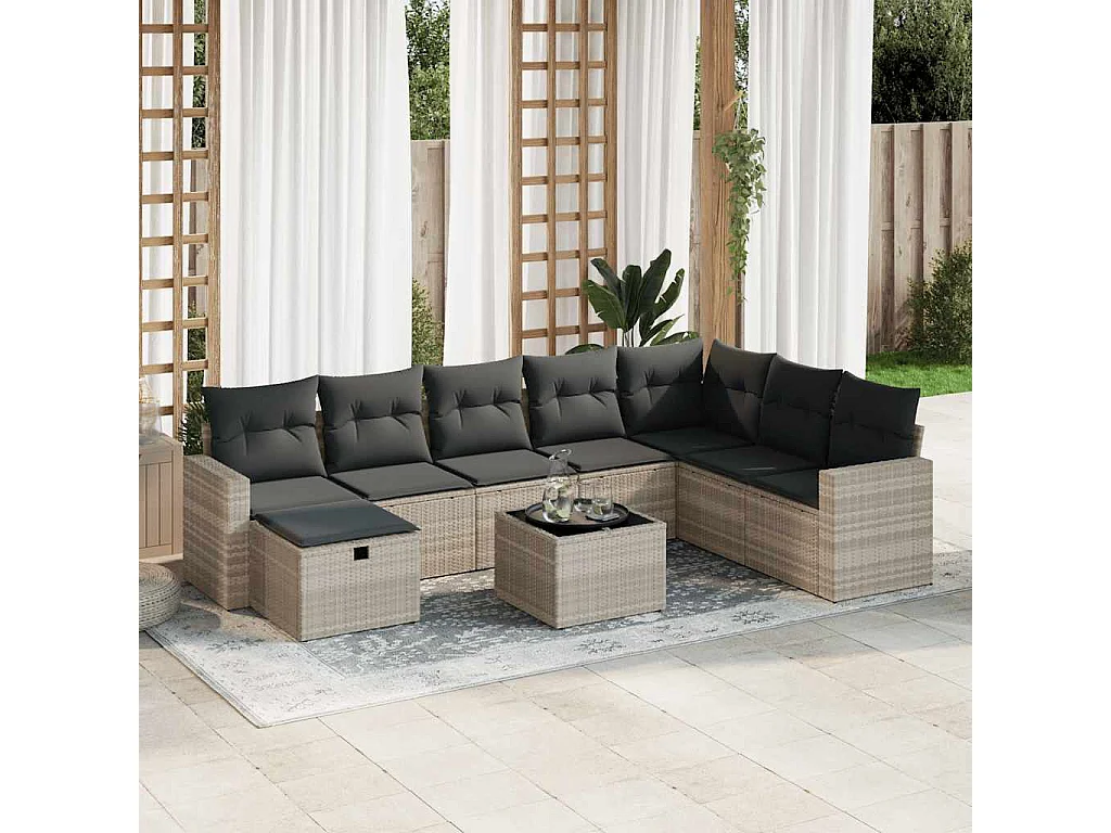 Set muebles jardín 9 piezas y cojines ratán sintético gris claro