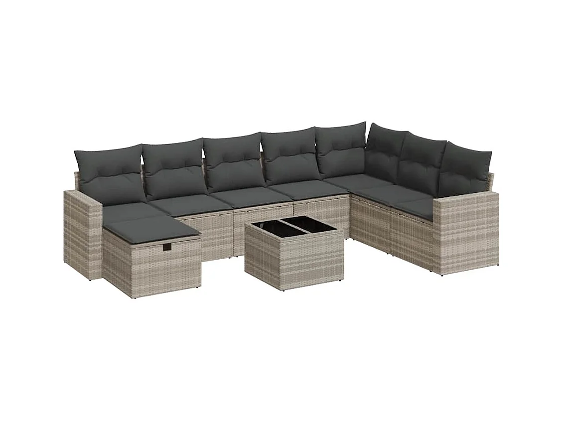 9-delige Loungeset met kussens poly rattan lichtgrijs