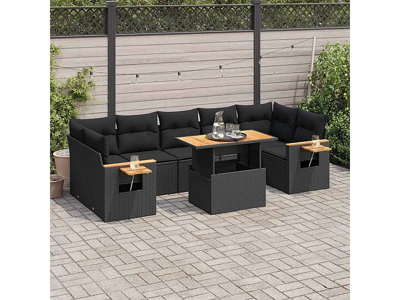 8-delige Loungeset met kussens poly rattan acacia zwart