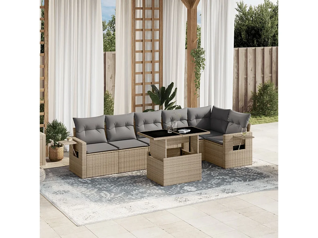 Salon de jardin avec coussins 7 pièces beige résine tressée
