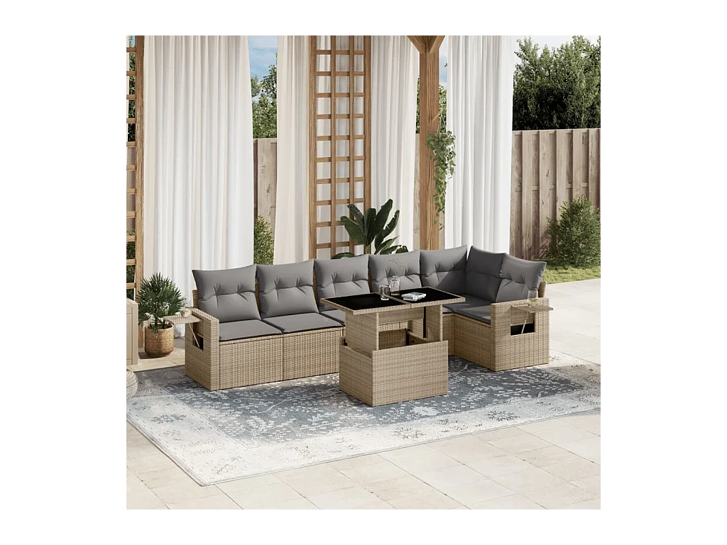 7-delige Loungeset met kussens poly rattan beige