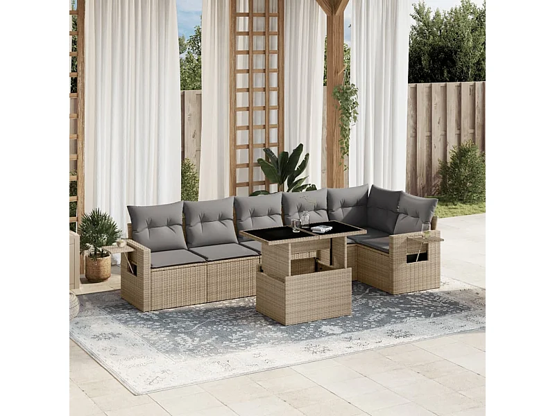 Salon de jardin avec coussins 7 pièces beige résine tressée