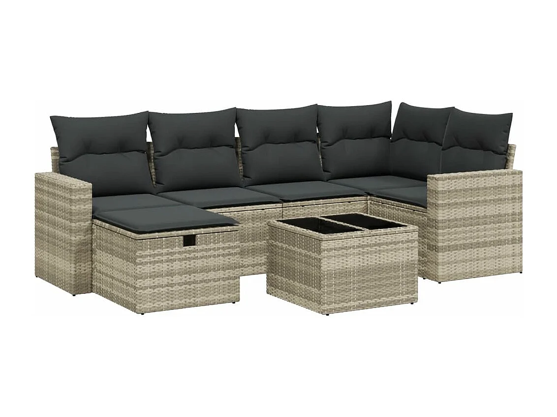 Set de sofás de jardín 7 piezas con cojines ratán PE gris claro