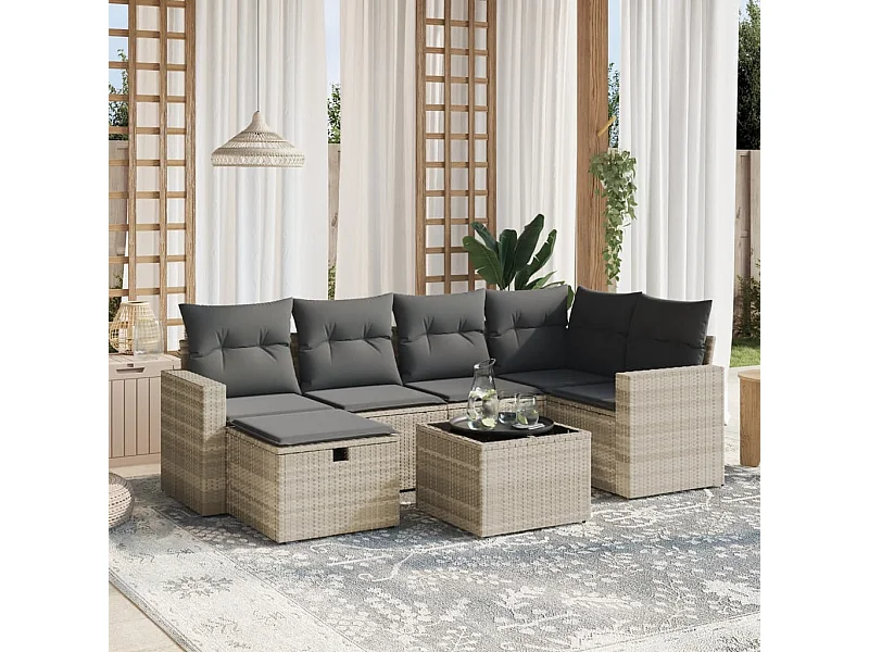 Set de sofás de jardín 7 piezas con cojines ratán PE gris claro