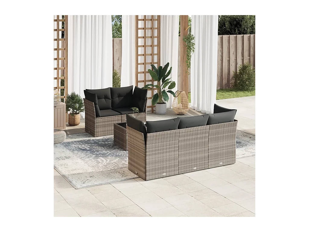Set de sofás de jardín 6 piezas y cojines ratán sintético gris