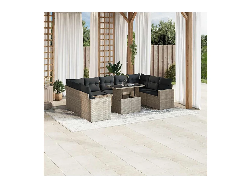Set sofás jardín 10 piezas con cojines ratán sintético gris claro