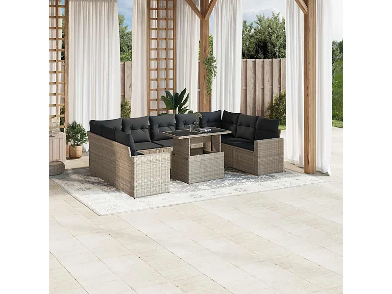 Salon de jardin avec coussins 10 pièces gris clair résine tressée