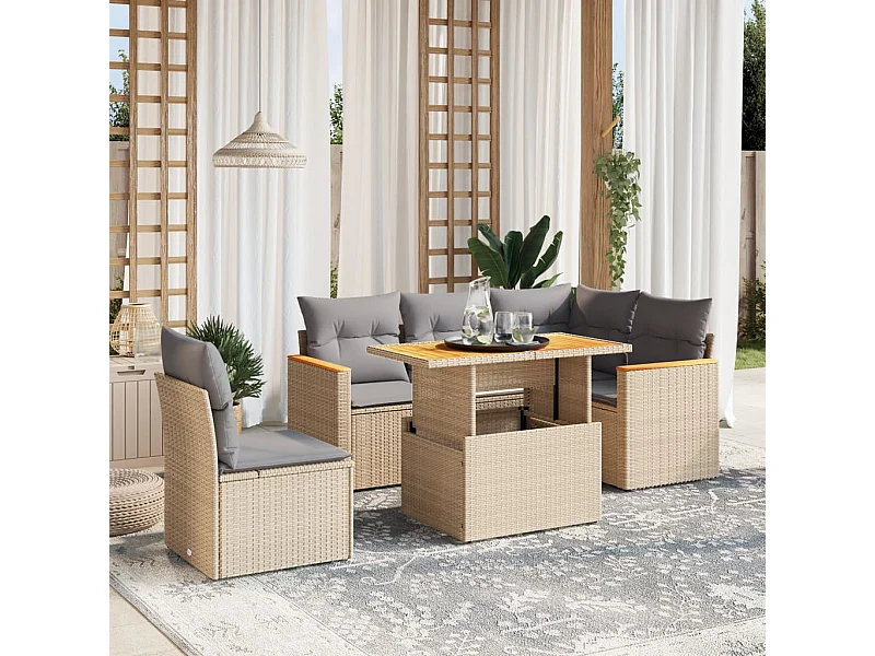 Salon de jardin avec coussins 6 pièces beige résine tressée