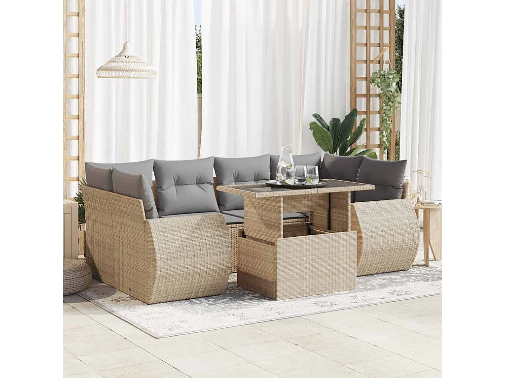 7-delige Loungeset met kussens poly rattan beige