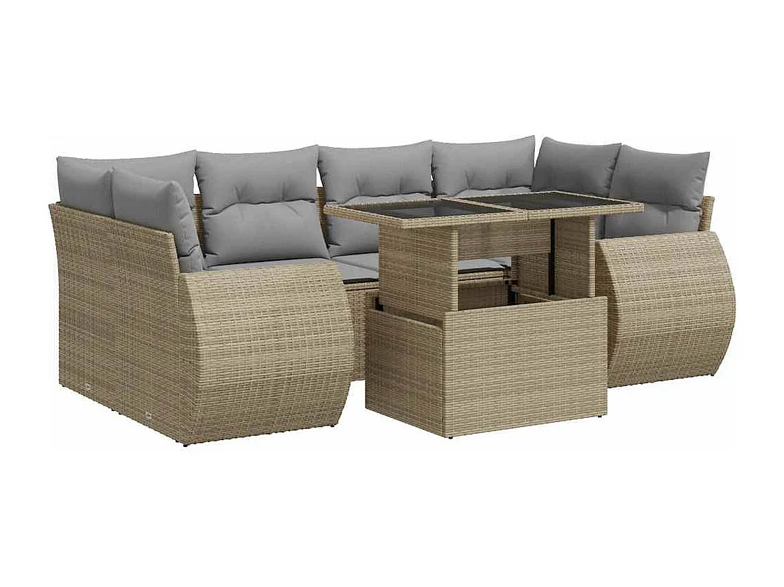 7-delige Loungeset met kussens poly rattan beige