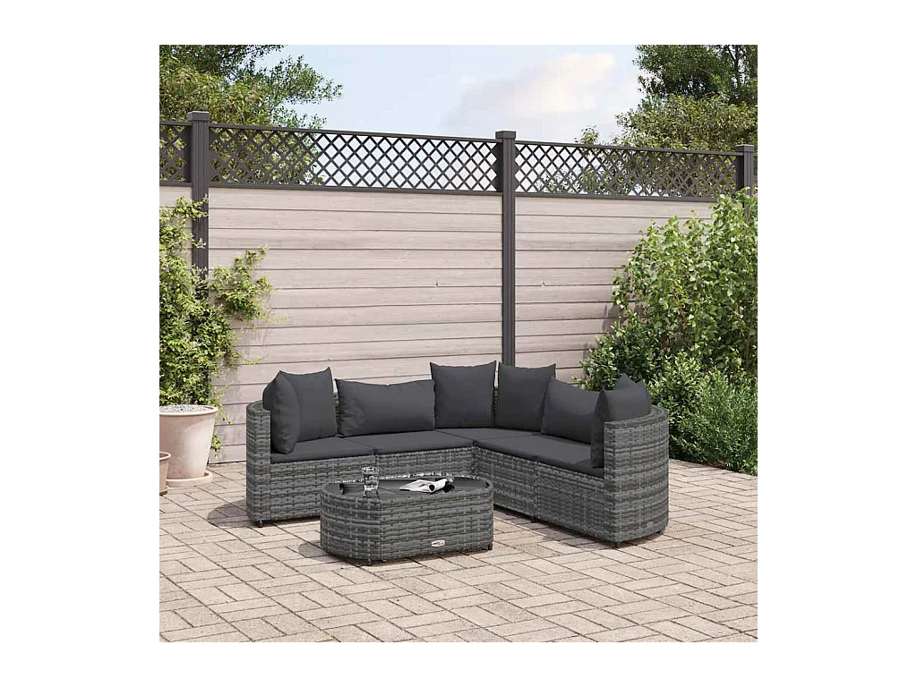 Set de muebles de jardín 6 piezas y cojines ratán sintético gris