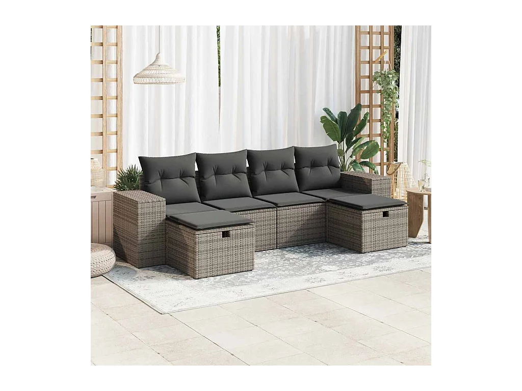 6 peças conjunto sofás de jardim com almofadões vime cinzento