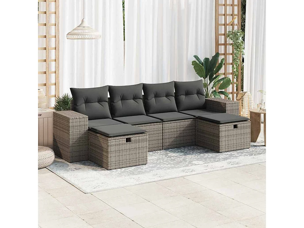 Salon de jardin 6 pièces avec coussins gris résine tressée