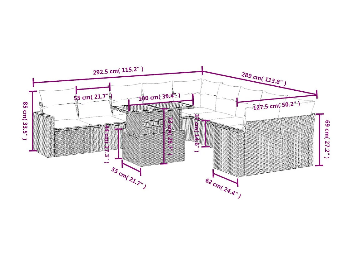Set de sofás de jardín 11 piezas con cojines ratán sintético beige