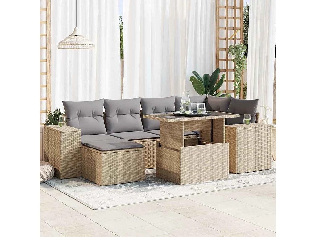 Salon de jardin avec coussins 7 pièces beige résine tressée