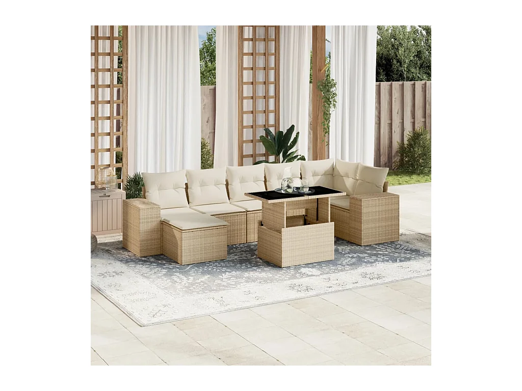 8 peças conjunto de sofás para jardim com almofadões vime PE bege