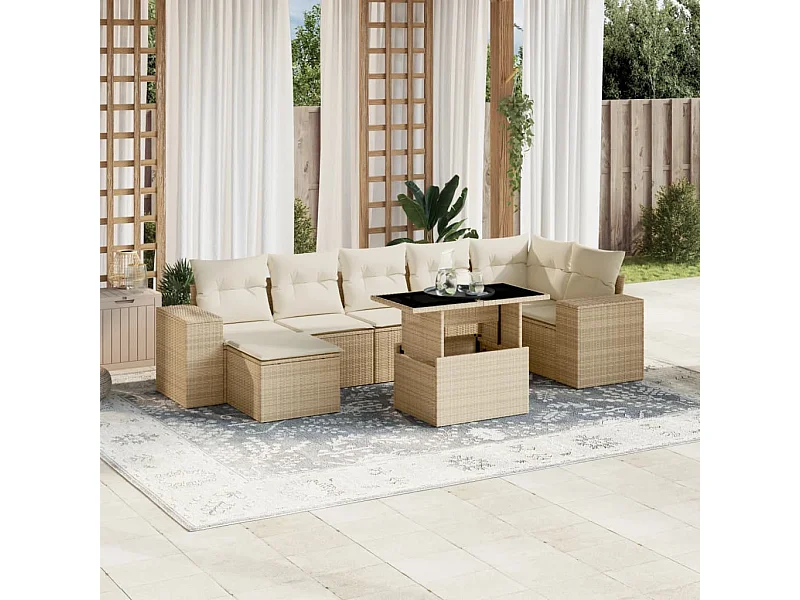 8-delige Loungeset met kussens poly rattan beige