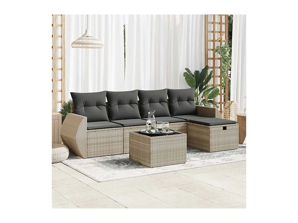 Salon de jardin 6 pièces avec coussins gris clair résine tressée