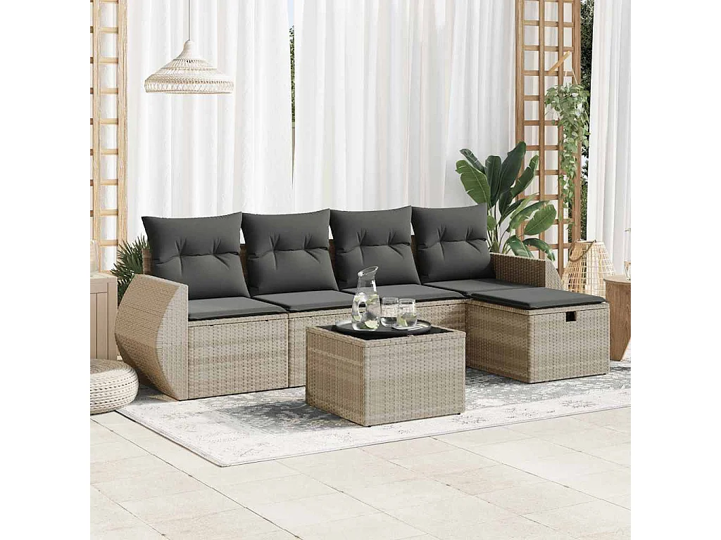 Set de sofás de jardín 6 piezas y cojines ratán sintético gris